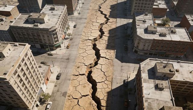 Massive urban fissure splitting downtown avenue, cracked earth and collapsed asphalt hazard
