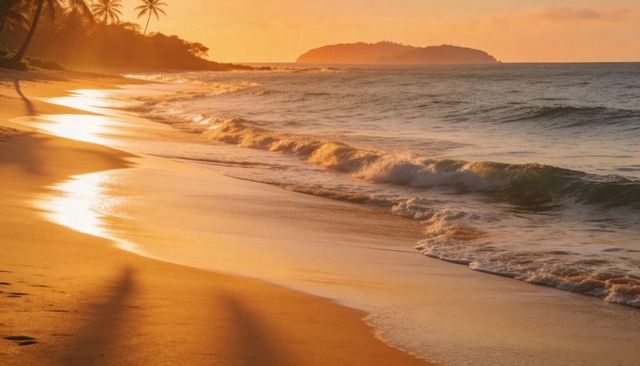 Tropical sunset beach with golden wet sand, rolling waves, palm shadows and footprints