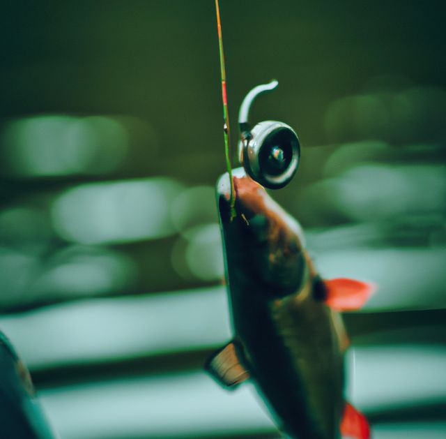 Image of close up of hand holding fishing rod against green background. Fishing, hobby and leisure concept.