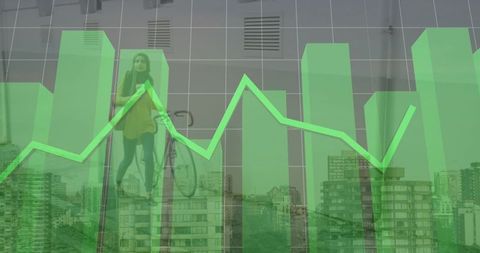 Business Data with Cityscape and Cyclist in Hijab