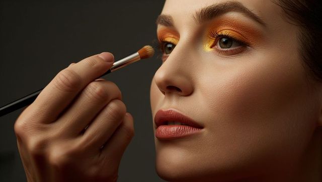 Glamorous makeup application with vibrant orange eyeshadow
