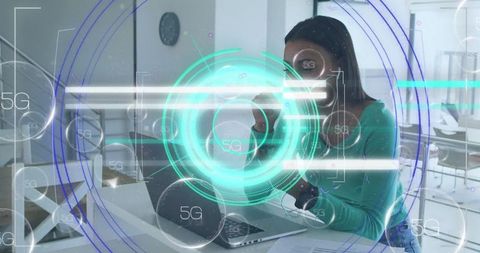 Professional Woman Typing with Futuristic 5G Interface Overlay