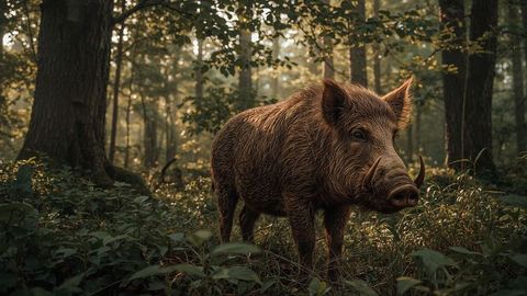 Majestic Wild Boar in Sunlit Deciduous Forest Clearing