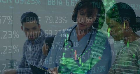 Healthcare Professional Consults Overlayed with Financial Data Graphics