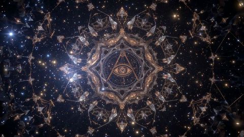 Masonic futuristic cosmic mandala with all-seeing eye symbol