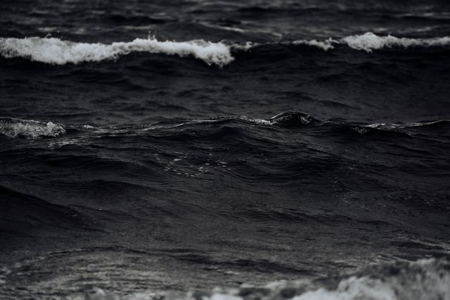 Dramatic dark waves seen in moody ocean waters, perfect for conveying a sense of mystery, power, and danger. Ideal for use in environmental campaigns, artistic prints, backgrounds for digital content, and literature centered on maritime themes.