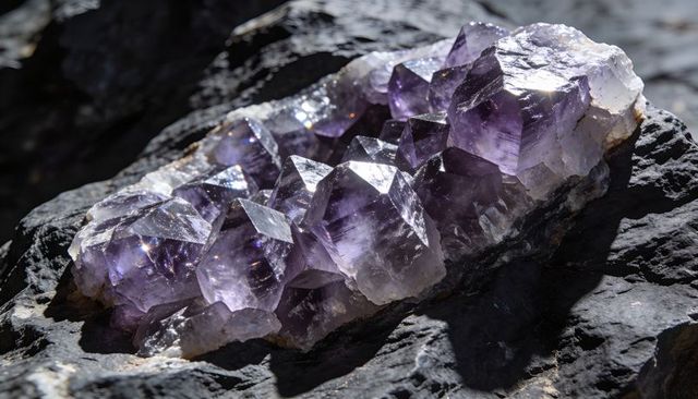 Glistening amethyst crystal cluster resting on dark outcrop, sunlit purple prismatic facets
