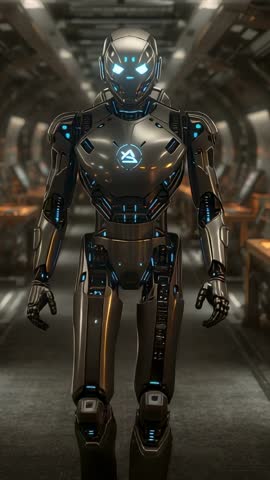 Autonomous Combat Robot Advancing Down Industrial Corridor Vertical Video