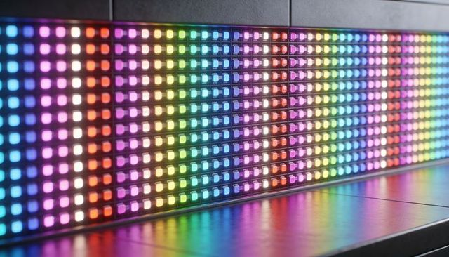 Led matrix panel emitting rainbow gradient over glossy bench with vibrant neon spectrum