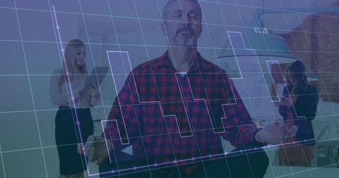 Mature Man Meditating in Office with Graph Overlay