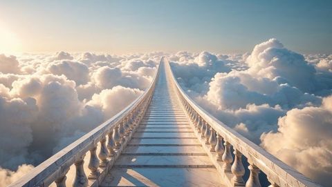 Marble god walkway to clouds in majestic celestial realm