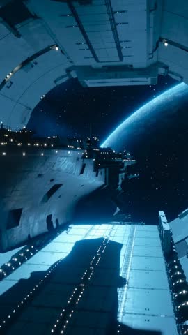 Docking sequence unfolding at ringed spaceport hangar with lit deck and crescent planet backdrop