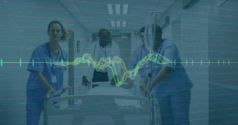 Medical Team Pushing Stretcher with ECG Overlay in Hospital Corridor