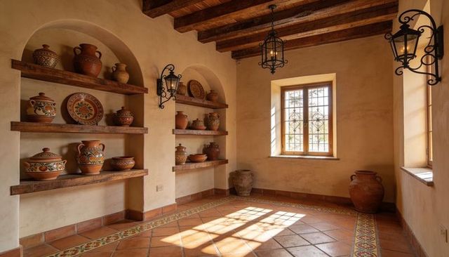 Sunlit mediterranean terracotta pottery on rustic alcove shelves with tiled floor