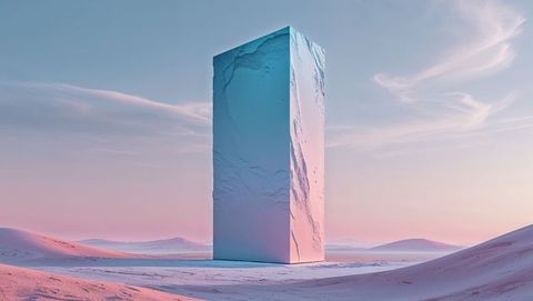 Surreal monolithic structure in tranquil desert landscape