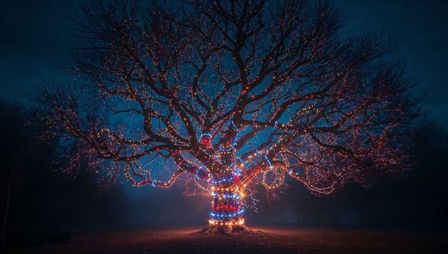 Illuminated tree with multicolored led lights in night scenery