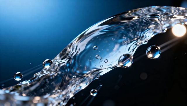 Flowing crystal water ribbon with suspended droplets, bubbles and specular highlights