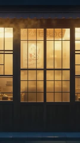 Vertical video featuring steam-filled ramen window at dusk with noren and maneki-neko poster