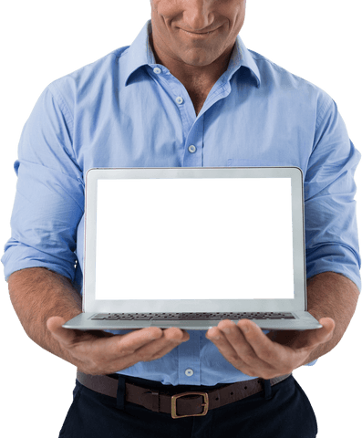 Businessman holding transparent laptop with blank screen