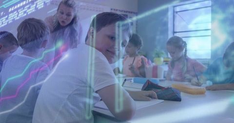 Smiling schoolboy writing at desk in classroom with teacher and peers, neon tech learning overlay