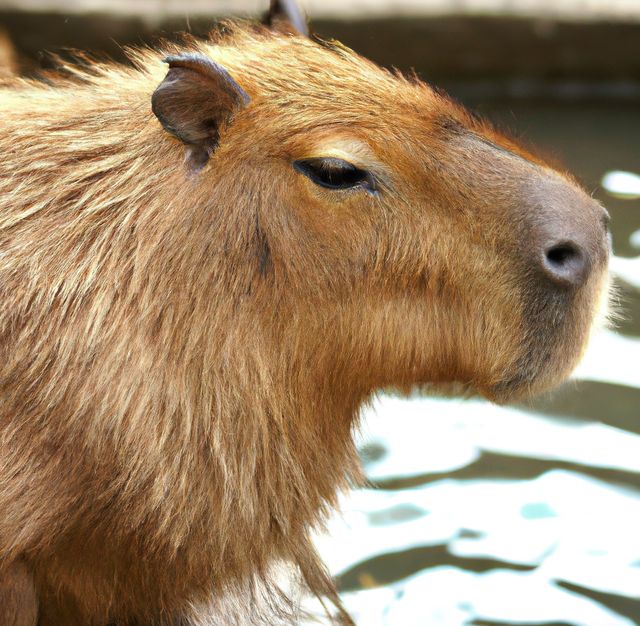 Close up of capybara over water created using generative ai technology. Animal and nature concept, digitally generated image.