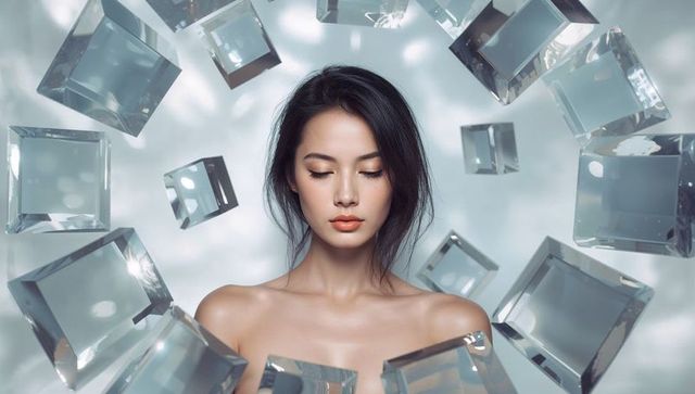Asian woman floating amidst crystal cubes embracing minimal beauty and reflection