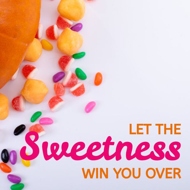 Vibrant array of colorful sweets and candies scattered on a white background features motivational text 'Let The Sweetness Win You Over'. Perfect for marketing campaigns, social media posts, advertisements promoting sweets, or motivational content in the confectionery industry. Useful for blog headers, greeting cards, posters, or any place looking to pair inspirational messages with candy visuals.