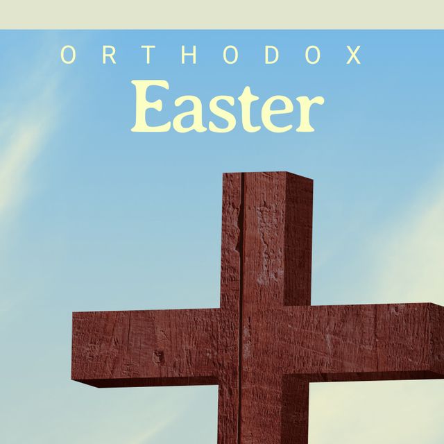 Wooden cross against blue sky with Orthodox Easter text evokes religious symbolism and Christianity. Perfect for use in religious publications, Easter event promotions, church flyers, spiritual blogs, and educational materials about Orthodox celebrations and traditions.
