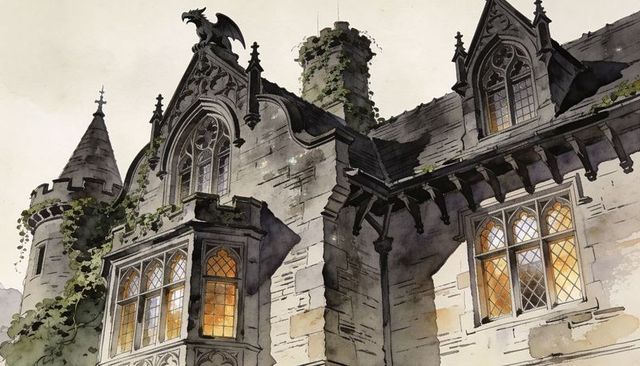 Gothic revival mansion glowing leaded bay windows, perched gargoyle, ivy-clad turret at dusk