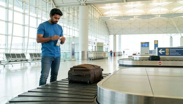 Passenger checking luggage tag at modern glass terminal baggage carousel during arrival