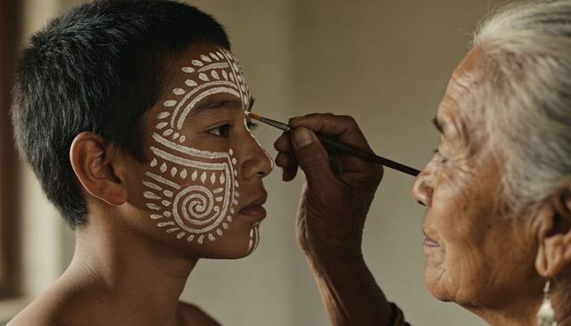 Elder woman painting traditional white facial designs and cultural motifs on teen boy