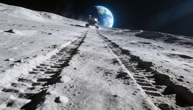 Lunar rover climbing moon slope leaving deep tread tracks with earthrise backdrop