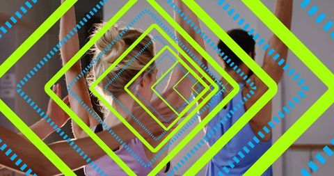 Stretching woman at barre with neon diamond overlay promoting group fitness class