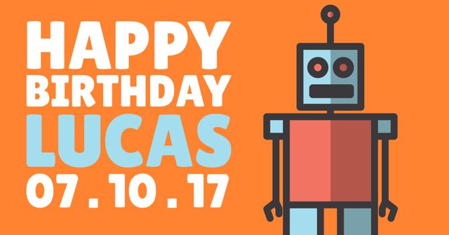 Illustrative design featuring a cute, customizable robot graphic on a bright orange background. Suitable for tech enthusiasts and kids alike. Perfect for creating personalized birthday cards, party invitations, and celebration decor.