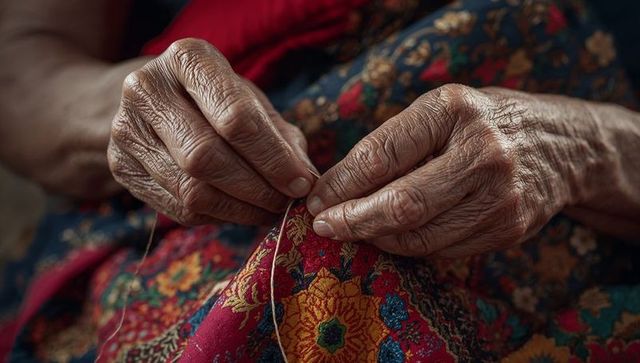 Senior craftsmanship: hands sewing floral fabric with expertise