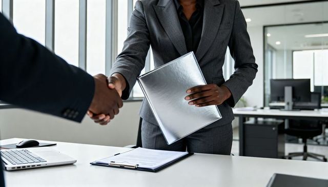 Corporate handshake and contract exchange with woman holding silver portfolio