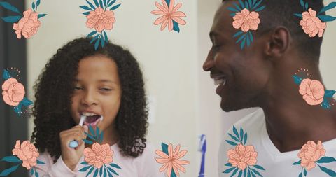 Father and Daughter Enjoying Teeth Brushing with Floral Design