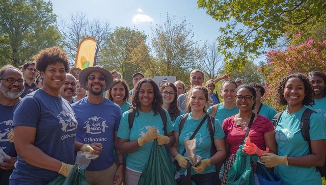 Diverse volunteers smiling holding bags during park cleanup wearing teal t-shirts
