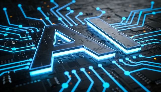 Glowing metallic AI emblem hovering above illuminated PCB with neon cyan traces and orange LEDs