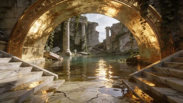Gilded semicircular arch reflecting sunlight over flooded marble temple ruins with vines
