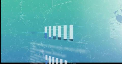 Holographic Data Dashboard with Floating 7-Bar Chart, Network UI and Globe Reflection
