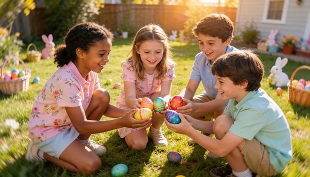 Children celebrating easter egg hunt in sunlit backyard holding colorful painted eggs