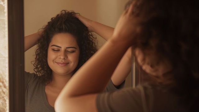 Woman tousling curly hair in mirror feeling confident morning self-care routine