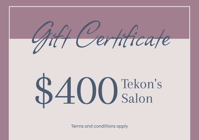 This stylish and elegant $400 gift certificate is attractive for various promotional and marketing needs. Perfect for beauty salons, spas, and wellness centers, it entices customers with high-value services. Ideal for digital or print distribution to boost sales during special events, holidays, or customer appreciation campaigns.