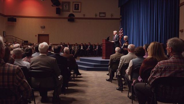 Speaker addressing audience at community conference in meeting hall