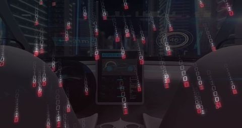 Glowing autopilot dashboard displaying binary code falling in futuristic car interior