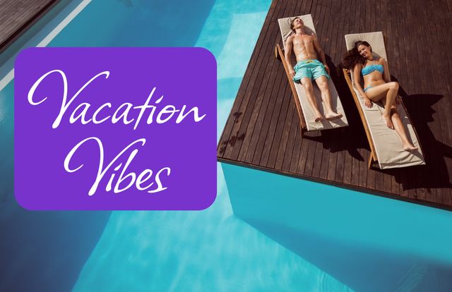 A couple relaxes by the pool on sun loungers during their summer vacation. Ideal for advertising travel destinations, holiday promotions, wellness retreats, and leisure activities.