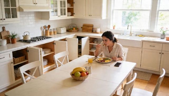 Woman eating breakfast at sunlit farmhouse kitchen table with open cabinets and fruit