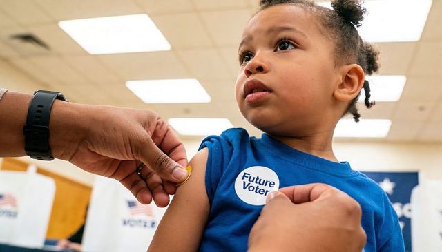Curious toddler receiving future voter sticker from caregiver at community polling place