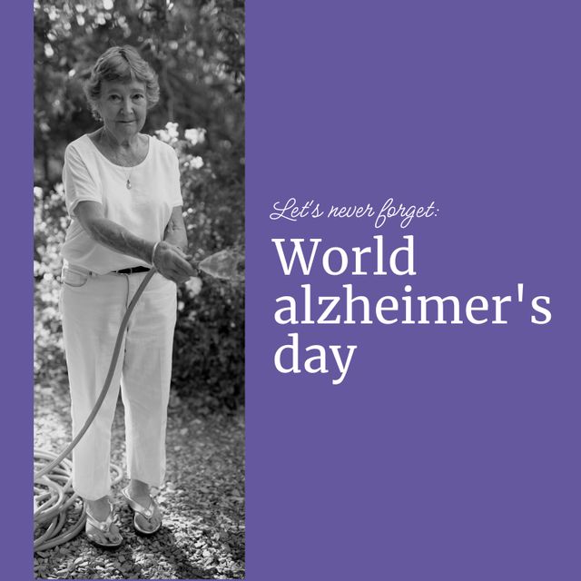 Composite of world alzheimer's day text over happy senior caucasian woman in garden. World alzheimer's day and health concept digitally generated image.